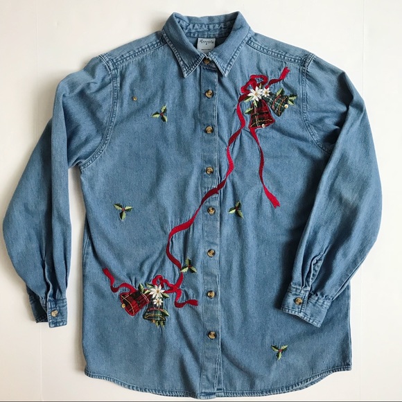 Ugly Christmas “Sweater” Denim Embroidered Top S - Picture 1 of 6